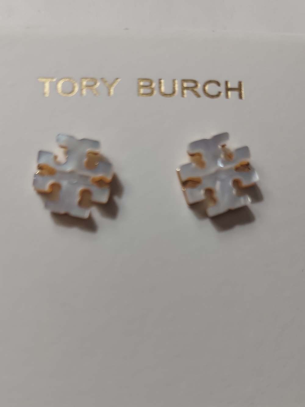 Tory Burch White Mother Of Pearl Logo Stud Earrings